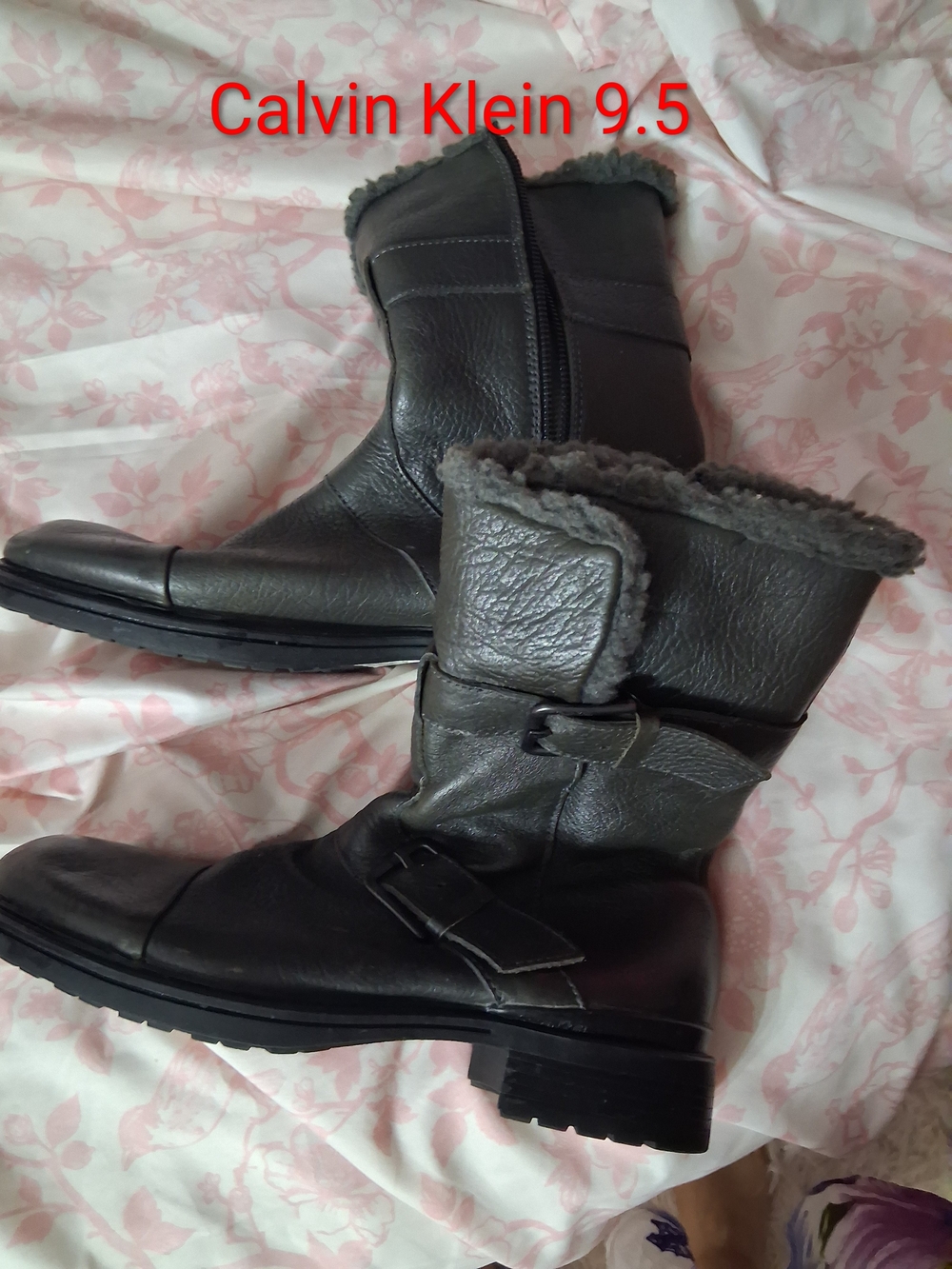 Calvin Klein Gray Leather Shearling-Trim Ankle Boots